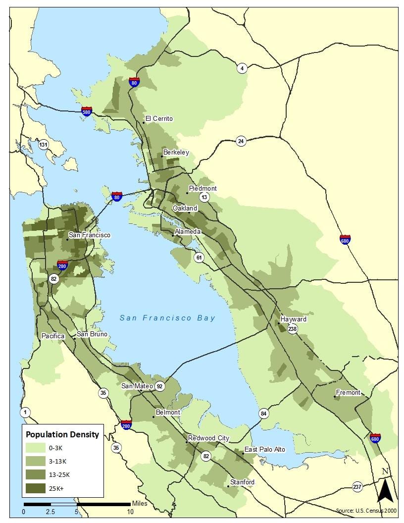 Karte von der bay area Bevölkerungsdichte